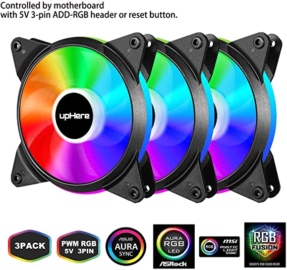 upHere 5V PWM ARGB LED 120mm Case Fan For PC Cooling super Silent 5V 3 Pack-Supports ASUS Aura Sync/GIGABYTE ARGB Fusion/MSI Mystic Light Sync/AsRock Polychrome Sync-T7SYC7-3