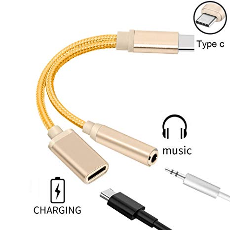 2 in 1 USB-C to 3.5mm Audio Adapter, Nylon Braided 2 in 1 USB Type C Cable Fast Charge to 3.5mm Audio Jack Headphone Adapter Converter Supports Audio and Charging for Motorola MotoZ, Letv Le Pro 3