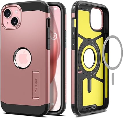 Spigen Magnetic Tough Armor MagFit Designed for iPhone 15 Case, [Military-Grade Protection] [Kickstand] Compatible with MagSafe (2023) - Rose Gold