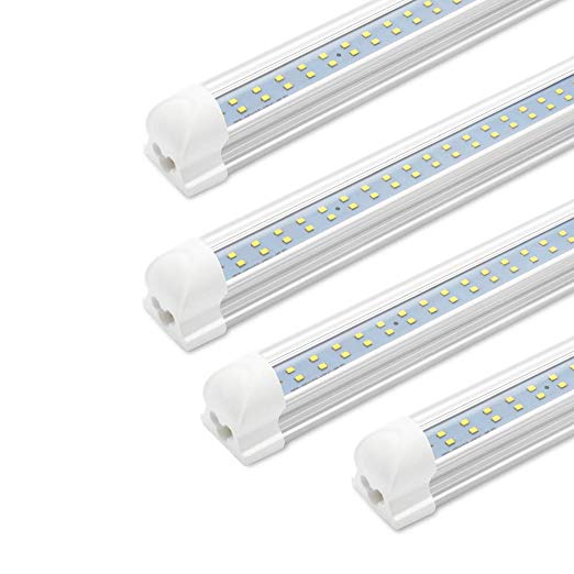 SHOPLED 8FT LED Shop Light Fixture 72W, 7200LM, 6000K Cool White, Dual Row T8 Integrated LED Tube Lights, High Output Bulb for Garage, Warehouse, Workshop, Basement, Clear, Linkable Lamp Pack of 4