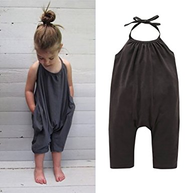 Darkyazi Baby Girls Cute Grey Summer Jumpsuits for Kids Backless Harem Strap Romper Jumpsuit Toddler Pants Size 2-8Y