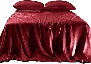 Elegant Comfort Luxurious 4-Piece Silky Satin Sheet Set, Skin and Hair Friendly, Wrinkle, Fade, Stain Resistant with Deep Pockets Fitted Sheet, Cooling Soft Satin Sheet Set, Full, Burgundy