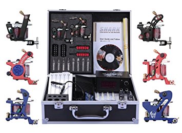 Shark Complete Pro Tattoo Kit 6 Gun Machines Carry Case With Key Power Supply 50 Needles 6 Grips Tips