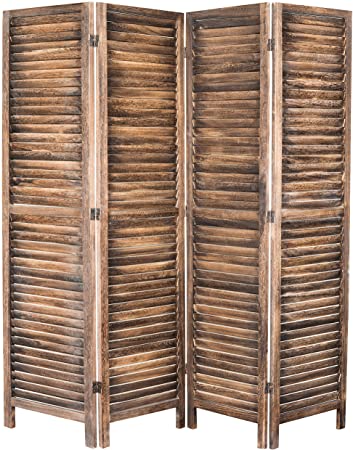 MyGift 4-Panel Rustic Brown Wood Louvered Room Divider with Dual-Action Hinges