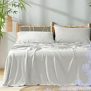 PHF Cooling Sheets Set King size,4 PCS 85% Viscose from Bamboo and 15% Linen Breathable & Soft Bed Sheets,Deep Pocket Up to 16" Bedding Sheets,Silver