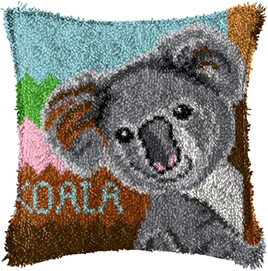 MLADEN Latch Hook Kit Pillow Cover DIY Crochet Yarn Kits Hooking Pillow Cover for Adults and Kids 17" X 17" (Koala)