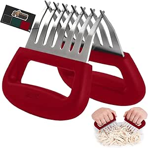 Gorilla Grip Powerful Stainless Steel Meat Shredder Claws, Shred Rotisserie Chicken, Pulled Pork, Carve Turkey Faster, Oversized 7 Claw Design Food Shredding Fork, Kitchen Smoker BBQ Grill Tool, Red