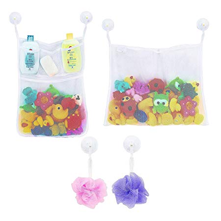 LEEFE 2 x Mesh Bath Toy Storage with 5 Pockets - The Perfect Net for Bathtub Toys & Bathroom Organizer - For Kids, Toddlers & Baby and Shower Caddy, Bonus of 6 Super Strong Suction Cups