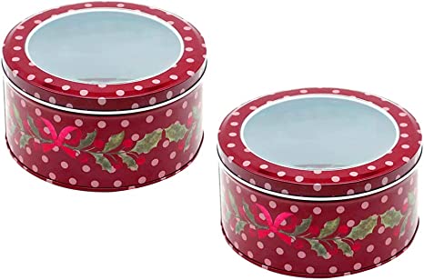 2Pcs Christmas Cookie Boxes with Clear Lids- Metal Cookie Tins with Lids for Gift Giving- Decorative Christmas Storage Containers for Storing Candies Biscuits Treat ( Red )