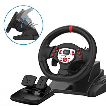 DOYO PS4 Gaming Racing Steering Wheels with Pedals and paddle Shifters for PC, 180° Volante PC Plug and Play with Height and Tilt Adjustable for Playstation 3/ Switch/Android