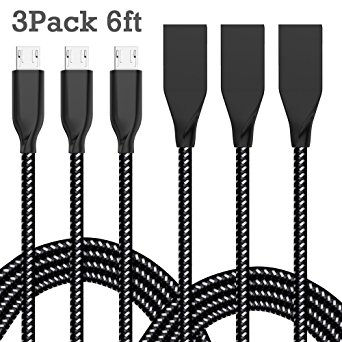 ONSON Micro USB Cable,3Pack 6FT Long Nylon Braided High Speed Android Charger USB to Micro USB Cable Samsung Fast Charger Charging Cord for Samsung Galaxy S7 Edge/S6/S4/Note 5/Note 4(Black)