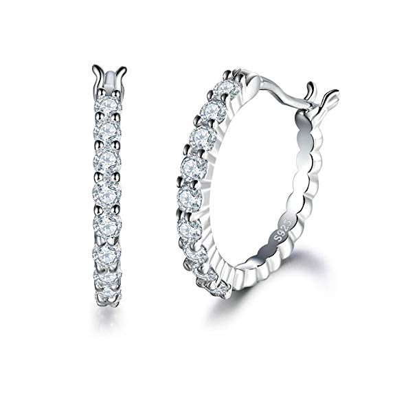 MASOP 925 Sterling Silver Hoop Earrings for Women Girls Hypoallergenic 14K White Gold Plated 18mm Medium Hoops with Shining CZ Simulated Diamond
