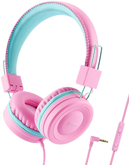 iClever Kids Headphones for Girls - Wired Headphones for Kids with MIC, Volume Control Adjustable Headband, Foldable - Childrens Headphones on Ear for iPad Tablet Airplane School, Pink