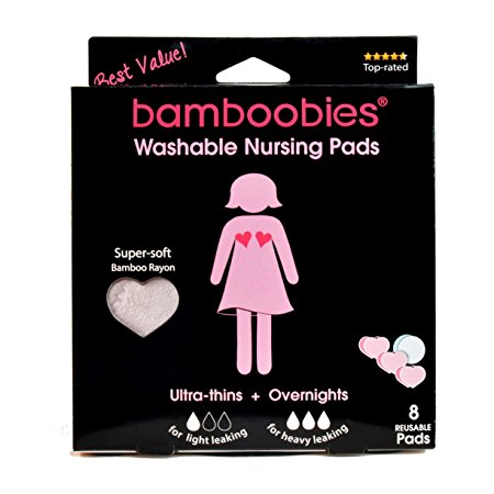 bamboobies Washable Reusable Nursing Pads with Leak-Proof Backing for Breastfeeding, 3 Light Pink Regular Pairs and 1 Overnight Pair