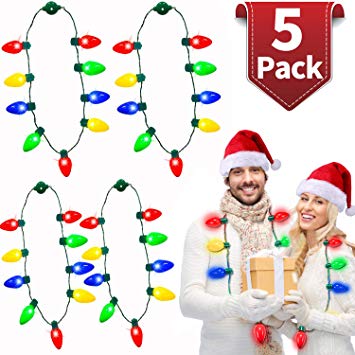Christmas Light Necklace LED Bulb Necklace Holiday Party Favors 6 Flashing Modes Colorful String Lights for Kids and Adults Ugly Xmas Party Funny Christmas Decoration (Family 5 Pack)