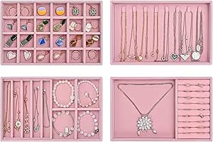 ProCase Stackable Jewelry Organizer Trays for Drawers, Jewelry Drawer Inserts Container Display Case Storage for Earring Necklace Rings Bracelet with Removable Dividers -Dustypink, 4 Layers