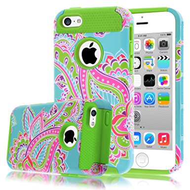 iPhone 5C Case,iphone5C Case,Kmall(TM) for iPhone 5C 2in1 High Impact Hybrid Dual Layer Case Heavy Duty Case Full-body Matte Rugged Armor Cover Case with Totem Tribe Floral Pattern (Green)