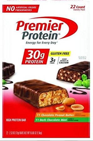 Premier High Protein 2.53 Oz Bars; 11 Chocolate Mint, 11 Peanut Butter=22 Total Bars