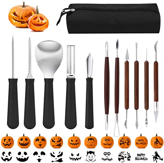 Ohuhu 21 PCS Halloween Pumpkin Carving Kit with Stencils, Professional Heavy Duty Stainless Steel Sculpting Tools with Carrying Bag for Adults & Kids, Halloween Decoration Jack-O-Lanterns