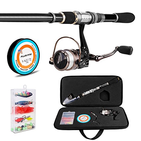 PLUSINNO Telescopic Fishing Rod and Reel Combos FULL Kit, Spinning Fishing Gear Organizer Pole Sets with Line Lures Hooks Reel and Fishing Carrier Bag Case Accessories
