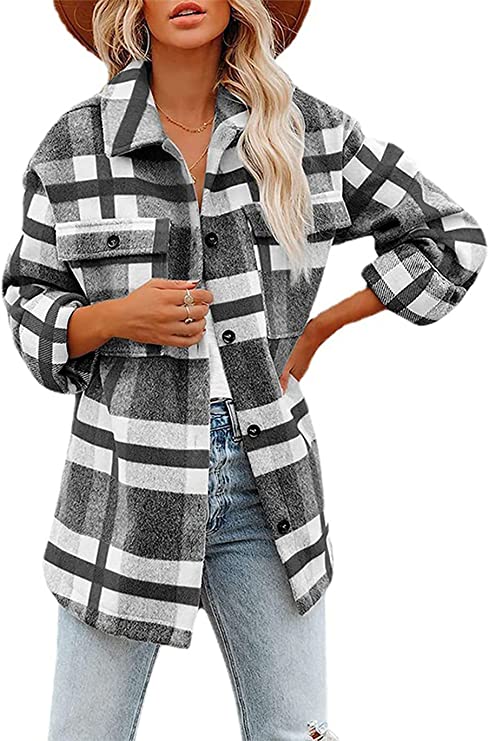 Haellun Women's Wool Blend Plaid Flannel Button Down Shirts Jacket Shacket Coats