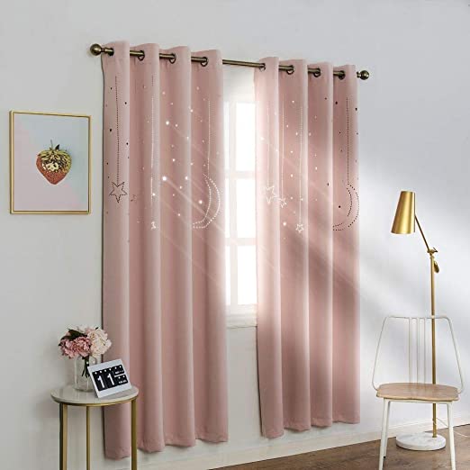 MANGATA CASA Kids Blackout Curtains with Moon & Star for Bedroom-Cutout Galaxy Window Curtains & Drapes with Grommet for Nursery Room-Baby Room Darkening Curtains 96 Inch Length 2 Panels(Pink 52x96in)