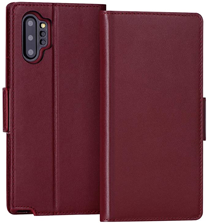 FYY Samsung Galaxy Note 10 Plus Case/Galaxy Note 10 Plus 5G Case Luxury Cowhide Genuine Leather [RFID Blocking] Wallet Case with Kickstand and Card Slot for Galaxy Note 10 Plus/Note 10 Plus 5G WineRed