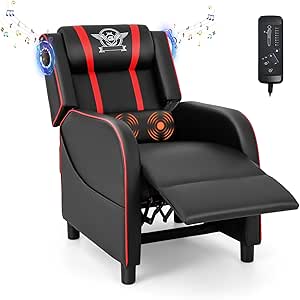 Giantex Gaming Massage Recliner Chair - Racing Style Gaming Sofa Chair with Reclining Backrest, Massage Lumbar Pillow, Retractable Footrest, Home Theater Seating with Bluetooth Speaker (Red)