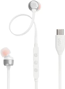 JBL Tune 310 C, Écouteurs filaires Hi-Res, son Pure Bass JBL, connexion USB-C, câble plat anti-nœuds, télécommande à trois touches avec microphone, en blanc