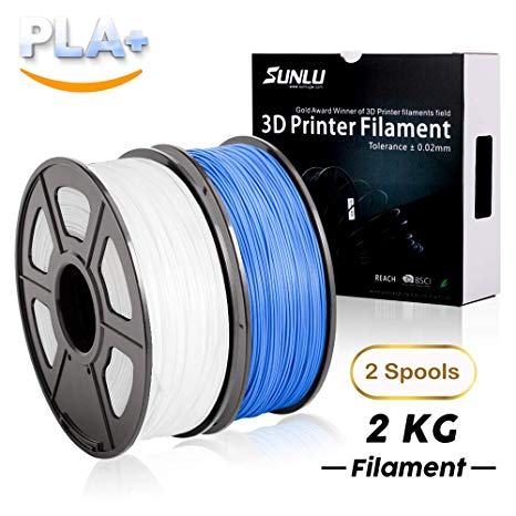 PLA  Filament 3D Printer Filament,2kg Spool (4.4 lbs) 1.75mm,Dimensional Accuracy  /- 0.02 mm, 2 Packs (White   Blue) by SUNLU