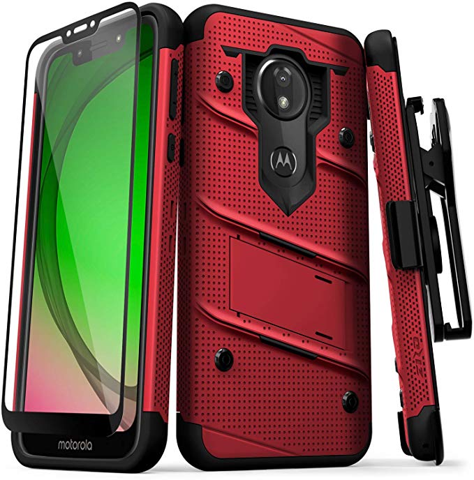 ZIZO Bolt Series Moto G7 Play Case Heavy-Duty Military Grade Drop Tested Bundle with Full Glue Glass Screen Protector Holster and Kickstand Red Black