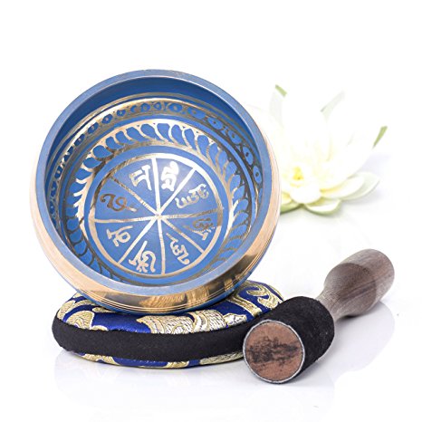 Silent Mind ~ Tibetan Singing Bowl Set ~ Blue Color Design ~ With Mallet & Silk Cushion ~ For Meditation, Chakra Healing, Yoga, and Mindfulness ~ Perfect Gift
