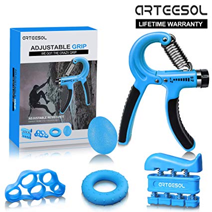 ARTEESOL Hand Grip Strengthener Forearm Trainer Kit 5Pack,Adjustable Hand Gripper(11-132lbs)&Resisitance Finger Exerciser&Grip Ring&Finger Stretcher&Hand Therapy Ball for Athletes