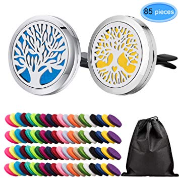 EAONE 2 Pcs Car Aromatherapy Essential Oil Vent Clip Locket Air Freshener Diffuser Tree Style with 82 Pcs Replacement Refill Pads(20 colors), Without Oil