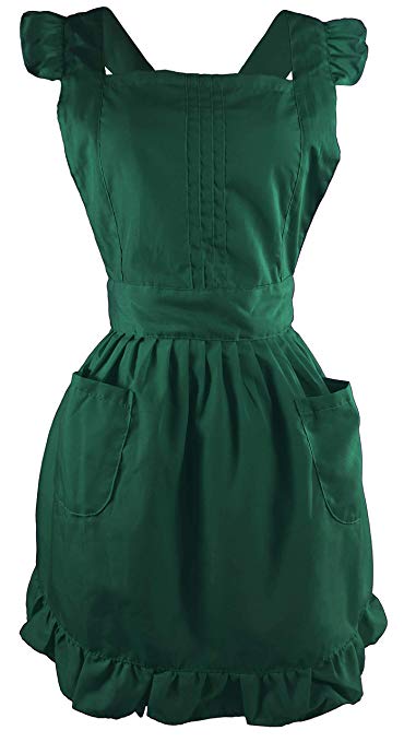 LilMents Retro Adjustable Ruffle Apron with Pockets, Small to Plus Size Ladies (Green)