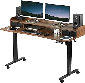 VIVO Electric 2-Tier Height Adjustable 60 x 24 inch Stand Up Desk, Mobile Table with Storage Drawers, Standing Workstation with Memory Controller, Casters, Dark Walnut Top, Black Frame, DESK-E-Y60SD