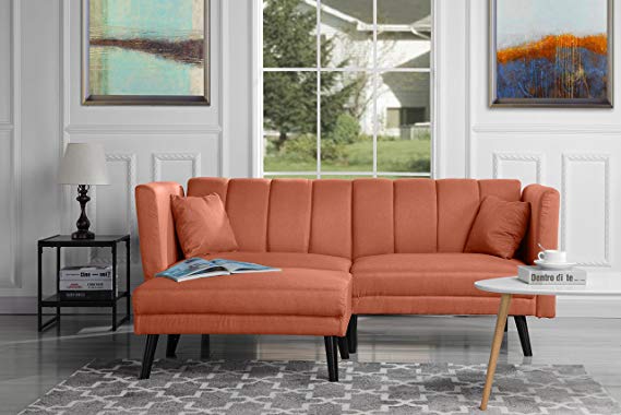 Mid-Century Modern Linen Fabric Futon Sofa Bed, Living Room Sleeper Couch (Orange)