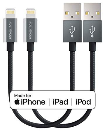 FosPower (2 Pack, 6-inch) Apple MFi Certified Lightning to USB Cable, Nylon Braided, Full Speed Charging, Compatible with iPhone XR XS XS MAX X, iPad Pro Air / Mini, iPod Touch, Nano (Gray)