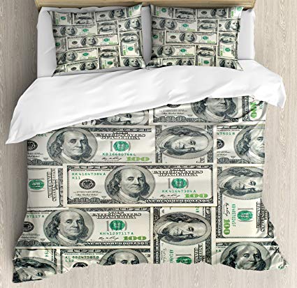 Ambesonne Money King Size Duvet Cover Set, Dollar Bills of United States Federal Reserve with The Portrait of Ben Franklin, Decorative 3 Piece Bedding Set with 2 Pillow Shams, Pale Green Grey