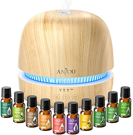 Essential Oil Diffuser Set, Anjou 300ml Ultrasonic Aroma Oils Diffuser Gift Set with 10 Essential Oils for Quiet Constant Aromatherapy, 7 Color Lights Timer