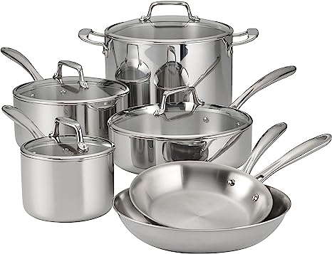 Tramontina Stainless Steel Tri-Ply Clad 10-Piece Cookware Set, Glass Lids, 80116/1011DS