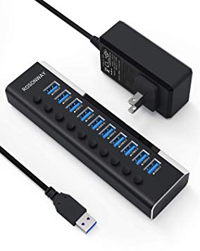 Powered USB Hub 3.0, ROSONWAY Aluminum 10 Port USB 3.0 Data Hub with Individual On/Off Switches and 12V/3A Power Adapter USB Splitter