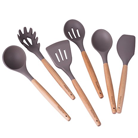 Silicone Cooking Utensils, 6 Pieces Nonstick Heat Resistant Kitchen Utensil Set BPA Free with Natural Wood Handle by Maphyton (6, Grey)