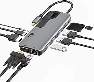 USB C Hub Adapter for MacBook Pro 2019/2018/2017, 10-in-1 Multiport MacBook Pro USB Adapter HDMI MacBook Pro Dongle with 4K HDMI, VGA, 3 USB 3.0, Ethernet, 100W Power Delivery,TF/SD