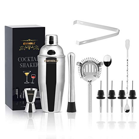 GWHOLE Cocktail Shaker Kit Cocktail Making Set with Double Measurer Jigger, Ice Tongs, Recipes (e-Book), Pourers, Muddler, Twisted Bar Spoon, Cocktail Strainer in Elegant Gift-Box
