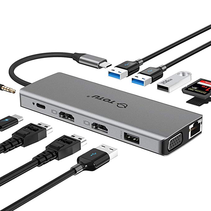 USB C Hub, TOTU 12-in-1 Triple Display Type C Hub with Ethernet, 4K USB C to 2 HDMI, VGA, 2 USB3.0, 2 USB2.0, USB C 79W PD 3.0, Micro SD/TF Card Reader, Mic/Audio for Mac Pro and Other Type C Laptops