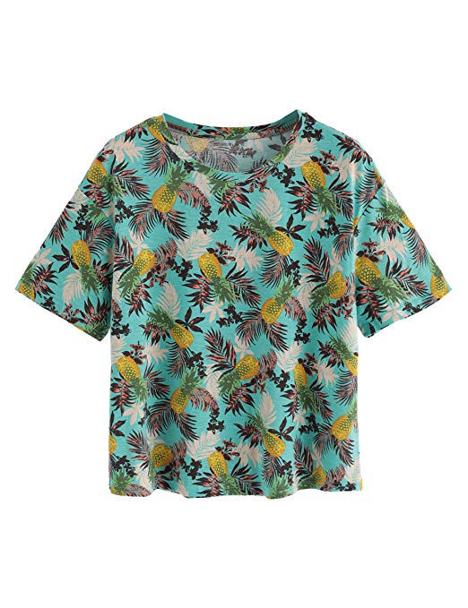 Romwe Women's Foliage Print Drop Shoulder Crew Neck T-Shirt Tee Top