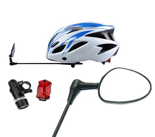 Bike Helmet Mirror Clip On with 2 LED Headlights & Taillight by One Planet Products.