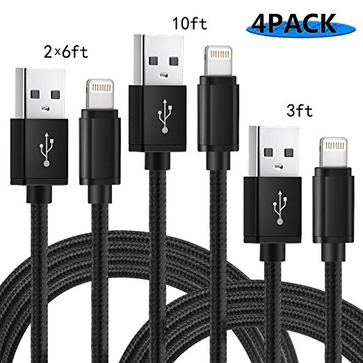 Lightning Cable, QUESPLE 4 Pack [3FT 6FT 6FT 10FT] Nylon Braided Syncing and Charging Cable Lightning to USB Charge Cord for iPhone X/8/8 Plus/7/7 Plus/6s Plus/6s/iPad/iPod and More,Black