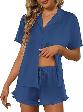 Ekouaer Pajamas Set for Women Short Sleeve Sleepwear Button Down Pjs Lounge Sets Soft Nightwear